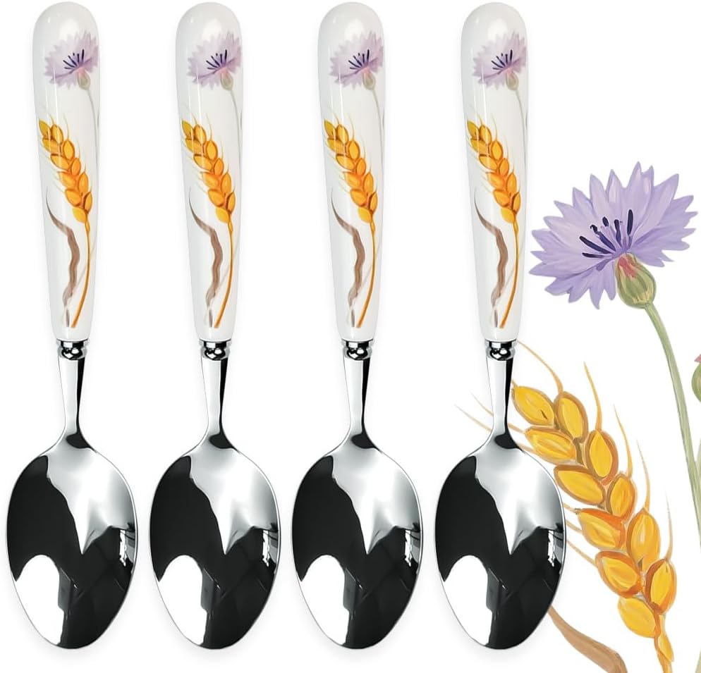 20cm 8inch Dinner Spoon Cornflower Purple Flower & Wheat Ode Series,SUS304 18-10 Stainless Steel Material Smooth Mirror Polishing Tablespoon White Ceramic Handle Pastoral Style(4 Pcs Spoon)
