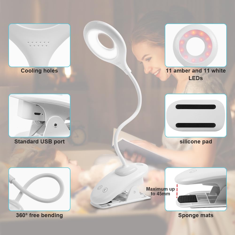 URAQT Lampe de Bureau LED, 22 LED USB Lampe de Lecture à Pince Rechargeable, 3 Modes d’Éclairage/Gradation Continue/Fonction Veilleuse, Ambre Flexible Lampe de Chevet Tactile pour Lecture, Bureau