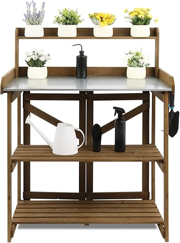 Miniatura 8 de PetsCosset Mesa de banco plegable para macetas de jardín, estación de trabajo de madera al aire libre con mesa de metal, estante de almacenamiento