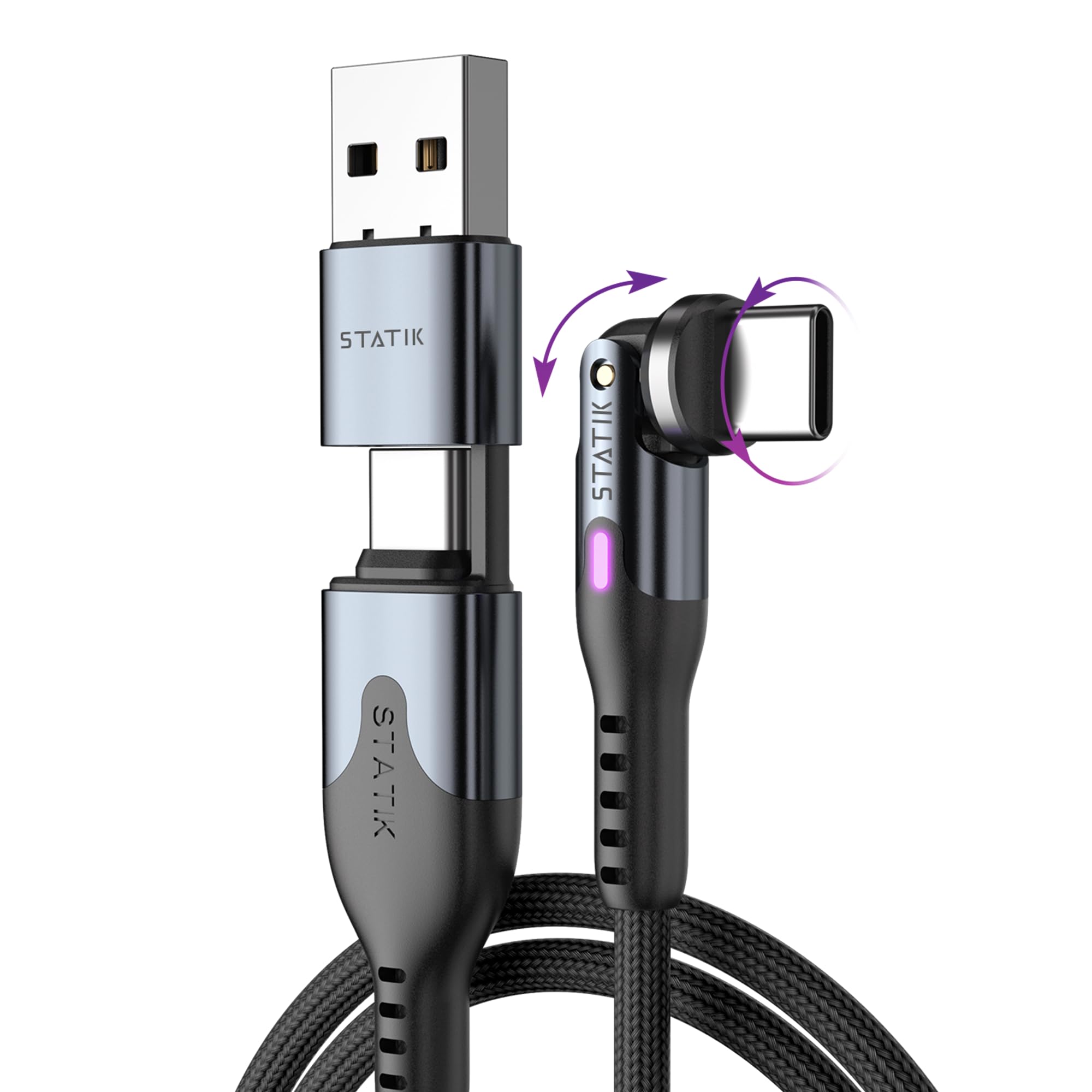 Statik PowerPivot Pro 90 Degree Cable Fast Charging Cable, USB C Swivel Head Charger Cable, 100W Type C Charger, Data Transfer Capable Right Angle USB
