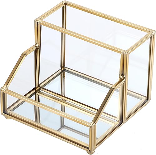 Miniatura 8 de Hipiwe Soporte de cristal para tarjetas de visita con organizador de bolígrafoslápices, soporte dorado para tarjetas de presentación para encimera