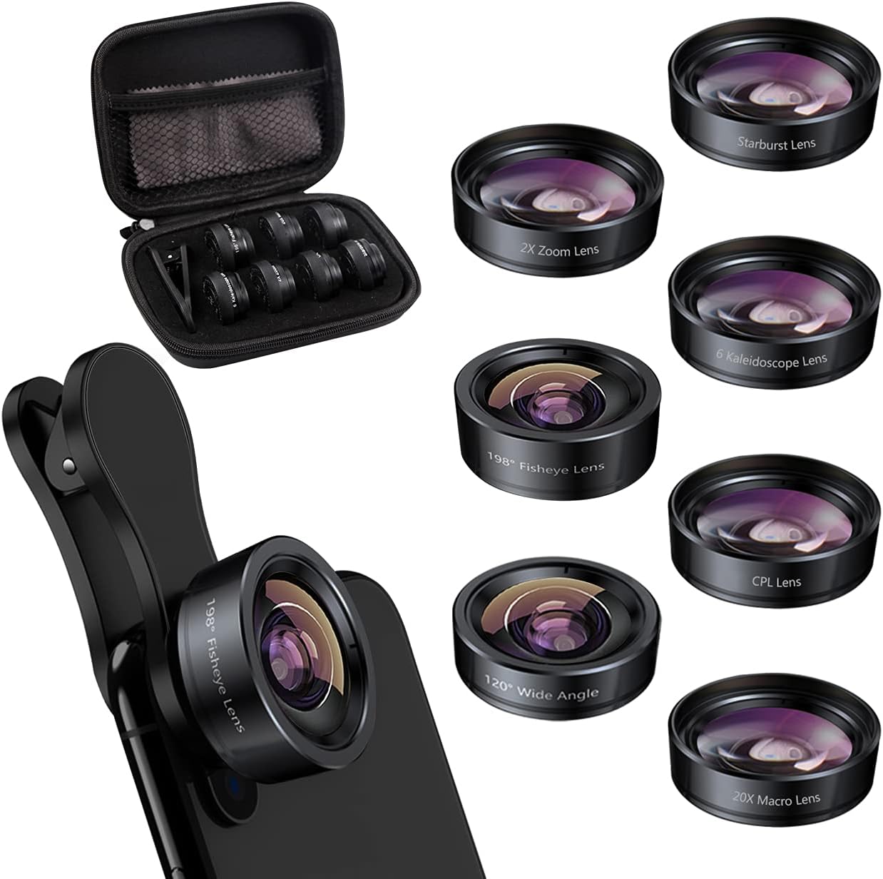 KEYWING Upgraded Phone Lens Kit 7in1 Kits Fisheye Lens, 2X