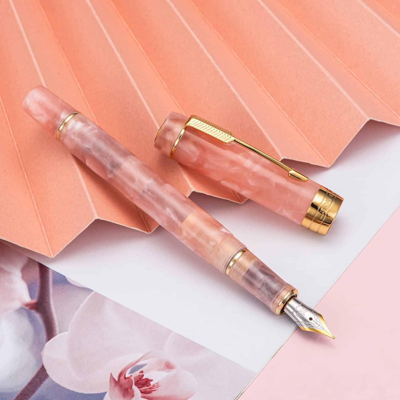 Jinhao 100 Mini Fountain Pen Fine Nib with Converter, Beautiful Pink Acrylic with Noble Clip Office Writing Pen