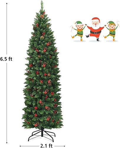 Miniatura 28 de Árbol de Navidad artificial preiluminado de 7.5 pies, árbol de Navidad delgado con 980 puntas de ramas de PVC, 350 luces LED, 75 conos de pino