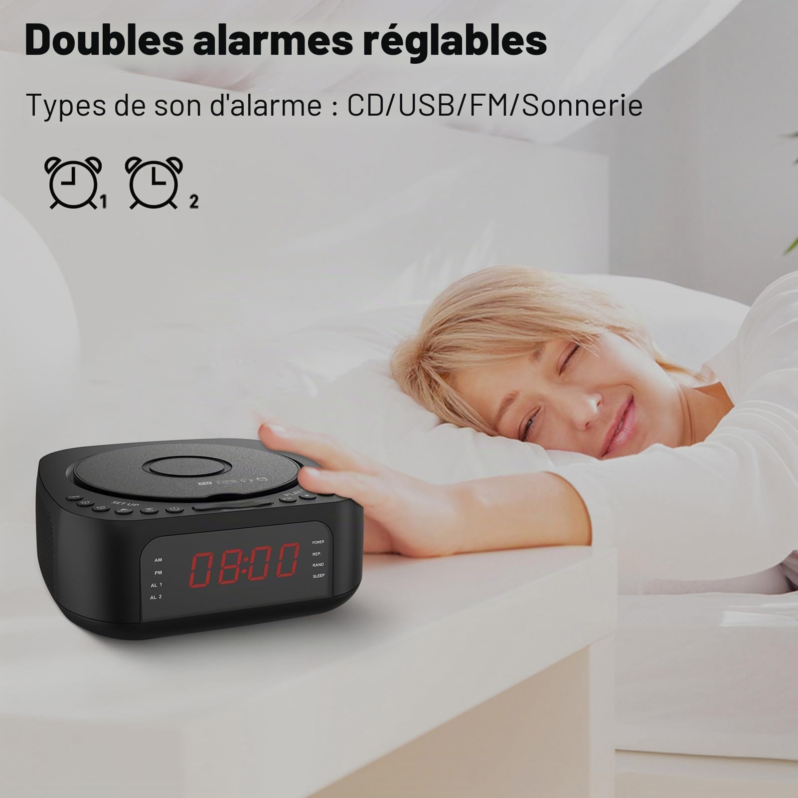 Zunate Lecteur CD Audio, Lecteur de Musique CD Portable avec Réveil, Chargement USB, Affichage à intensité Variable, Radio Bluetooth de Bureau avec Haut-Parleur, Télécommande pour (Prise UE)