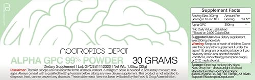 Nootropics Depot Alpha-GPC 99% Polvo 1.06 oz Potenciador cerebral Suplemento de colina Apoya la salud cerebral, la memoria y la concentración