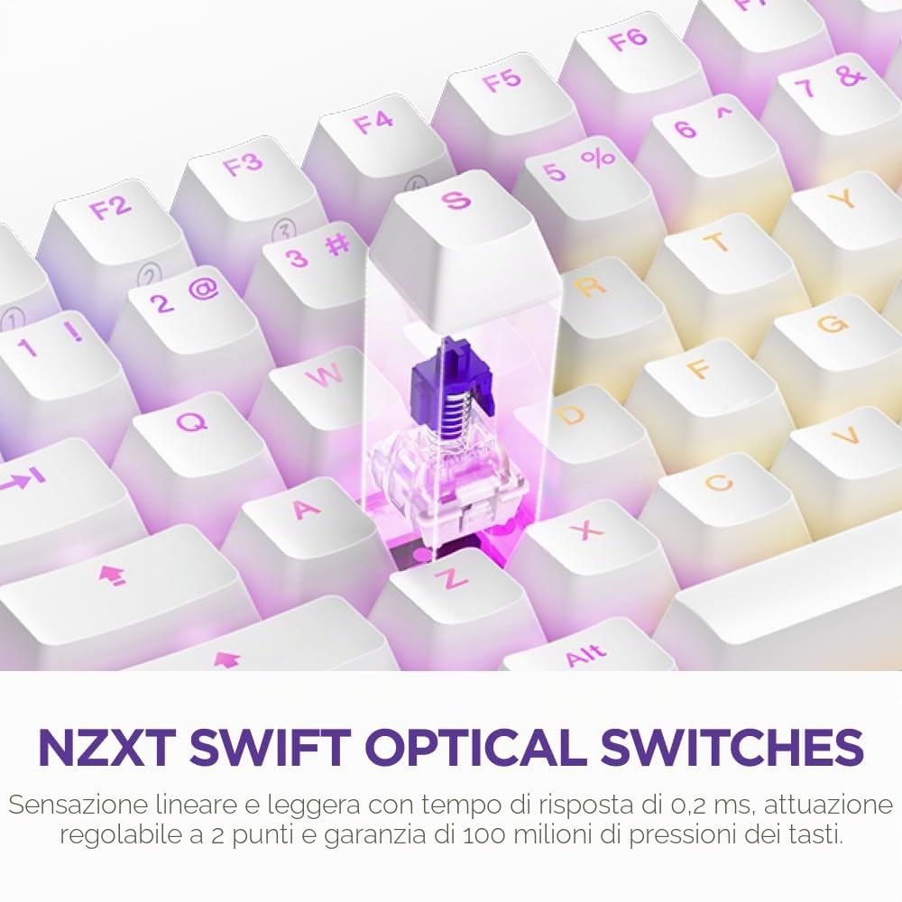 NZXT Function 2 MiniTKL 2024 - Tastiera da gioco ottica Tenkeyless - RGB illuminato - Frequenza di query 8K - Commutatori opt lineari - Scatto regolabile - Hot-Swap - Bianca DE (QWERTZ)