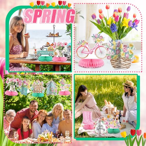Image of 12 Pcs Spring Party Decorations Hello Spring Theme Party Decorations Flower Tulip Honeycomb Table Centerpieces for Home Office Birthday Honeycomb Supplies Decor
