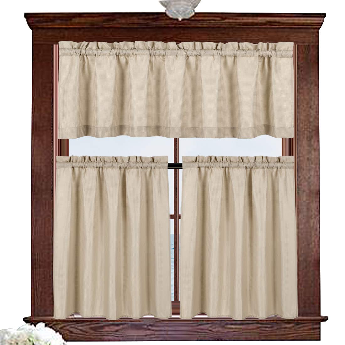 Valea HomeWaterproof Kitchen Curtains Set for Bathroom Window, Taupe, Valance + Tiers 24 inch Length