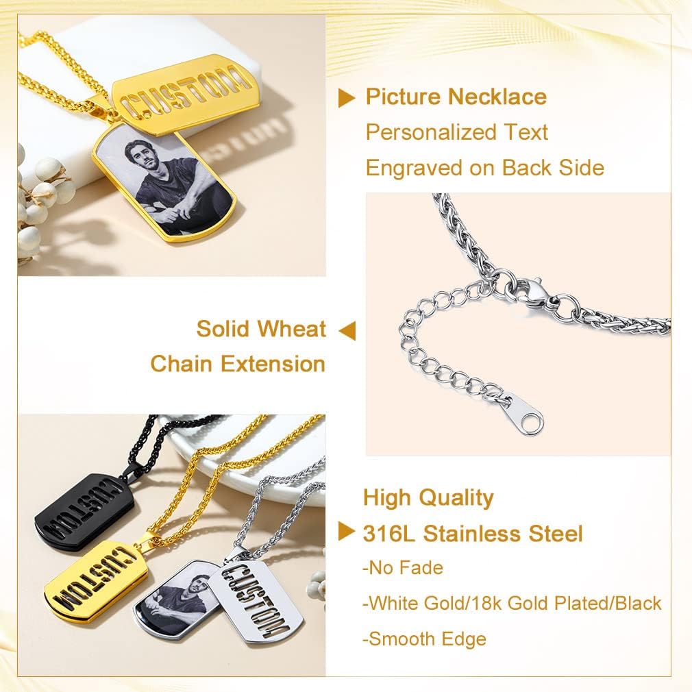 Custom4U Dogtags Military Necklace with Picture Name Text Engraved Personalized Photo Pendant Stainless Steel/Gold/Black with Chain Custom Memorial Necklaces for Men Women (Gift Box)