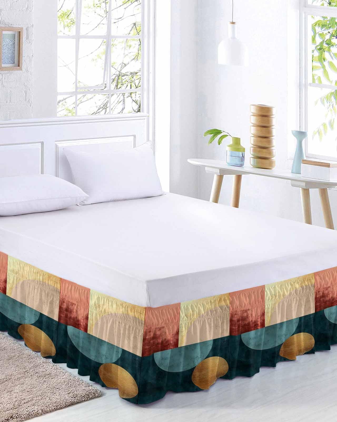 Abstract Boho Bed Skirt Queen Size 18 Inch Drop, Adjustable Elastic Wrap Around Bed Skirts Easy Fitting Dust Ruffle Bedskirt Bed Frame Cover Modernpatchwork Colorful Circle