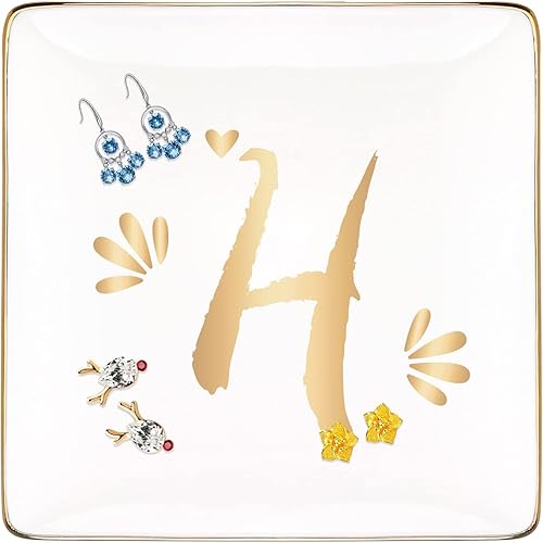 Rarehaus Plato de anillo de cerámica plato de anillo personalizado y platos de baratija con inicial de oro para tu madre o mejor amiga 26 letras