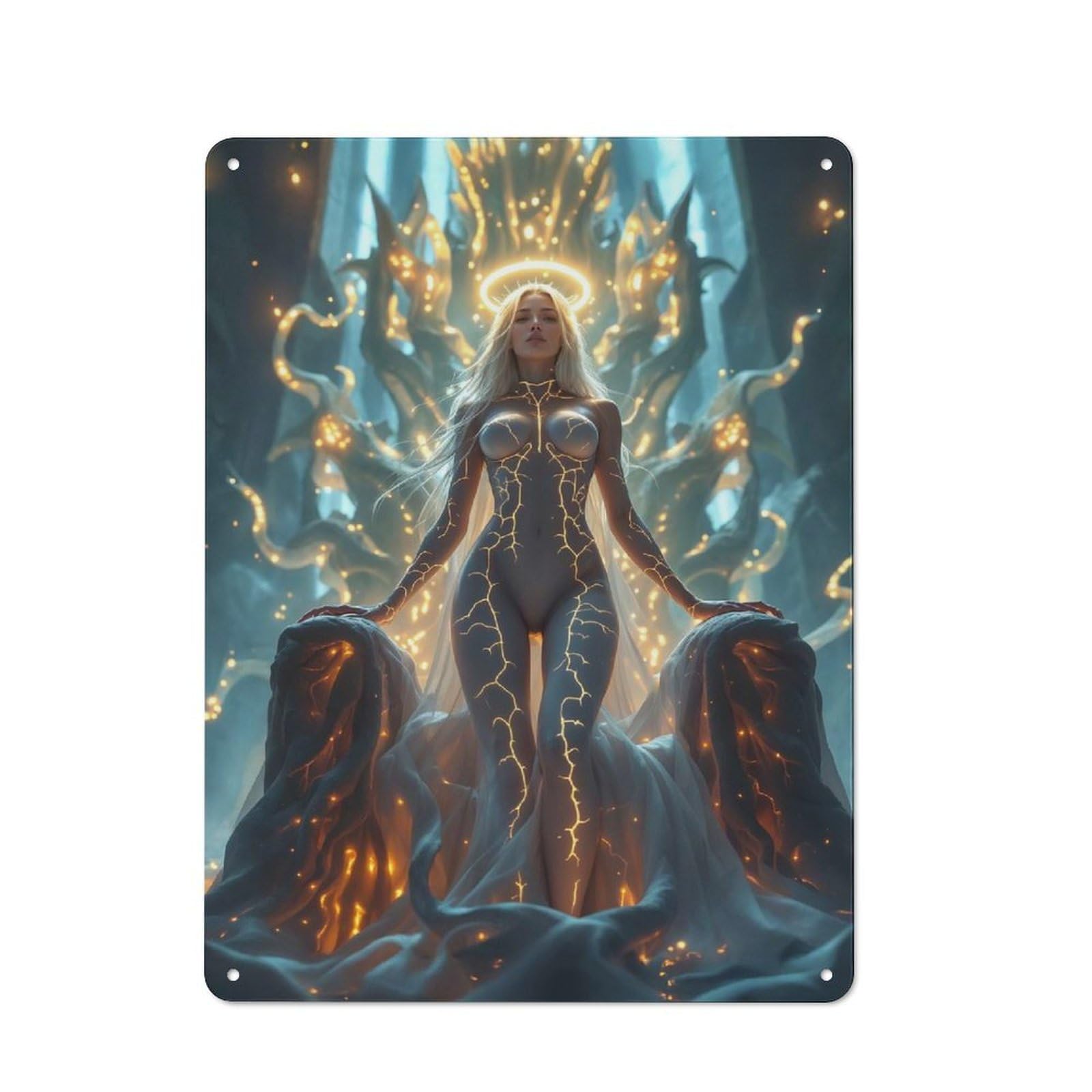 Nostalgic Decorative Tin Plaque 40x30cm Featuring Angelic Figure with Golden Veins, Classic Pub Decor for Cafe, Pub, Workshop Or Home Bar