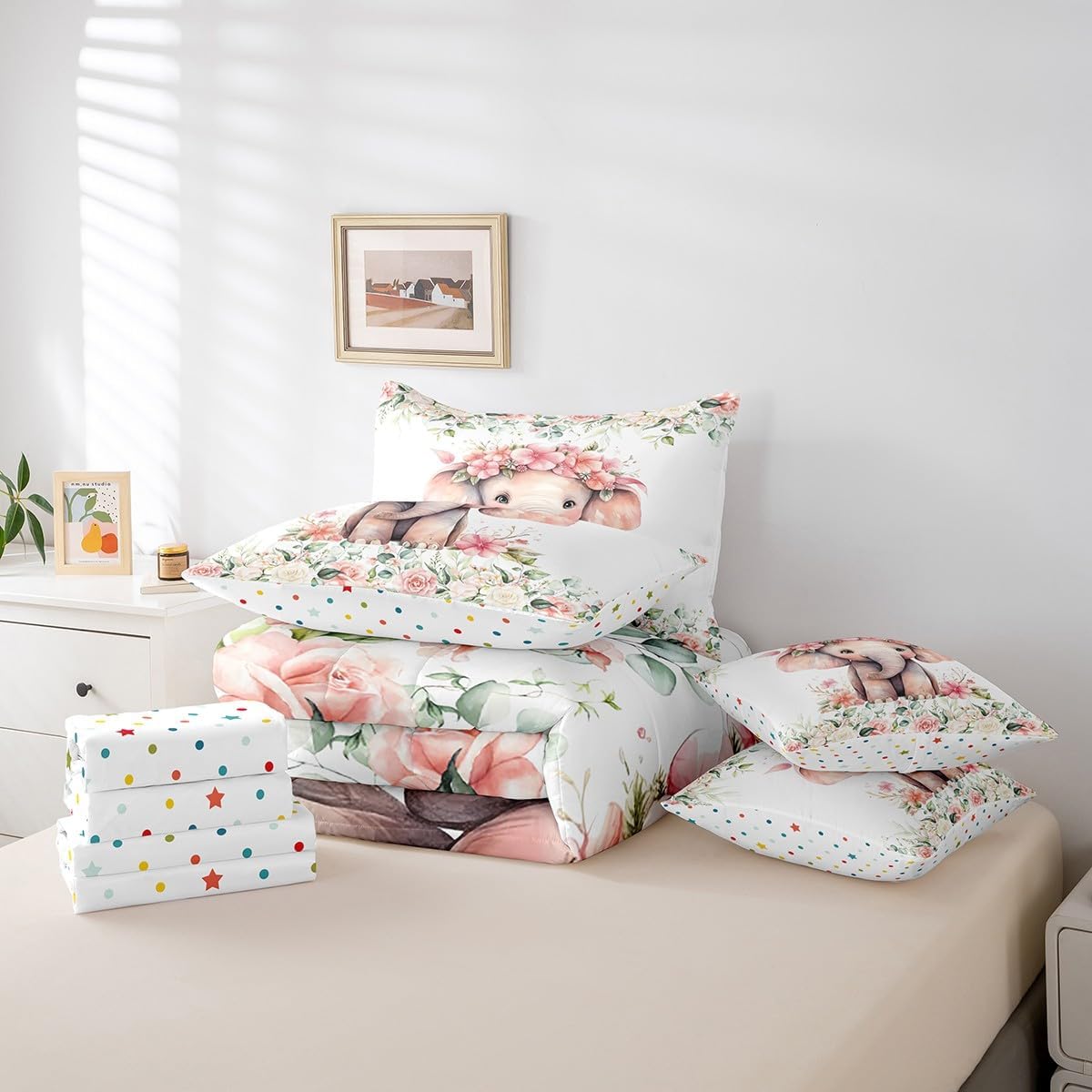 Feelyou Cute Elephant Bedding Set Full Size 7 Pieces Cartoon Animal Comforter Set Flower Floral Print Farm Zoo Garden Theme Bed in a Bag with Comforter, Sheets, Pillowcases & Cushion Cover Bed Set