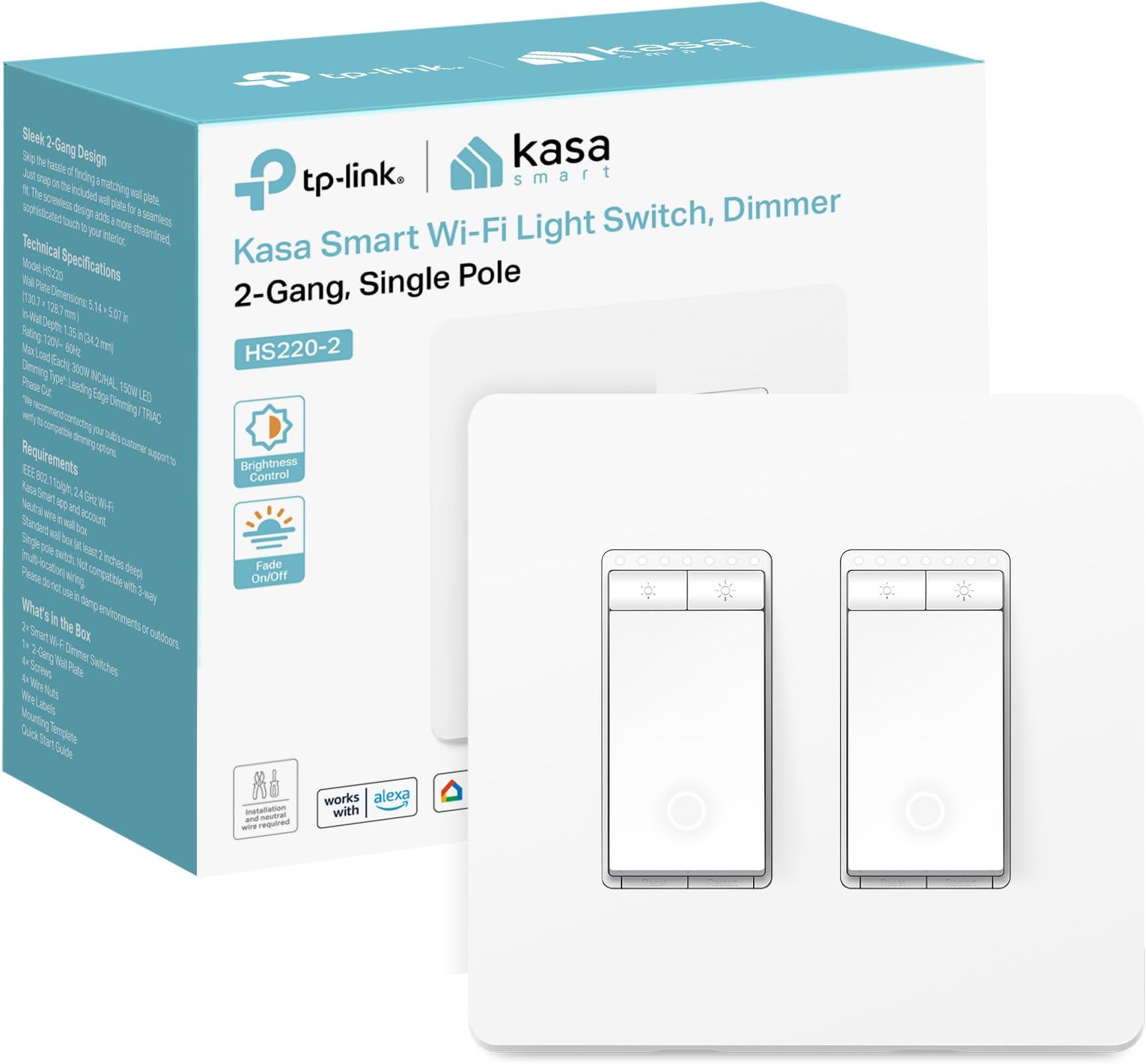 Kasa Smart Dimmer Switch 2-Gang HS220-2, Single Pole, Needs Neutral Wire, 2.4GHz Wi-Fi Light Switch Compatible with Alexa and Google Home, UL Certified, No Hub Required, White