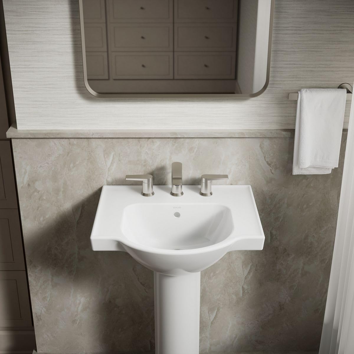 Kohler 5265-8-0 Veer Pedestal Bathroom Sink with 8-Inch Widespread Faucet Holes, 21-Inch, White