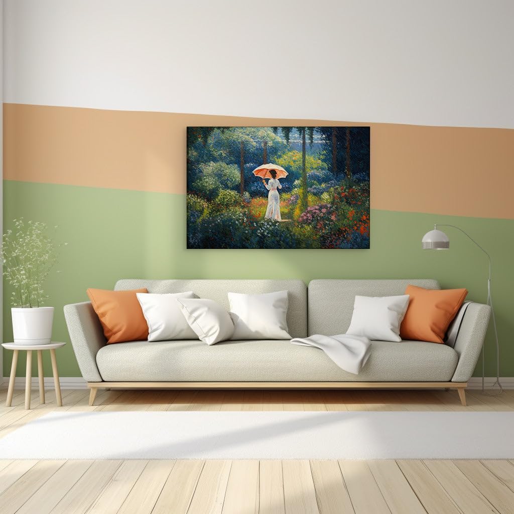 Canvas for Living room. Strolling in Monet's Garden - A Portrait of Serenity Under a Parasol, 27 x 18 inch Canvas Wall Art - Contemporary Masterpieces - Modern Home Decor