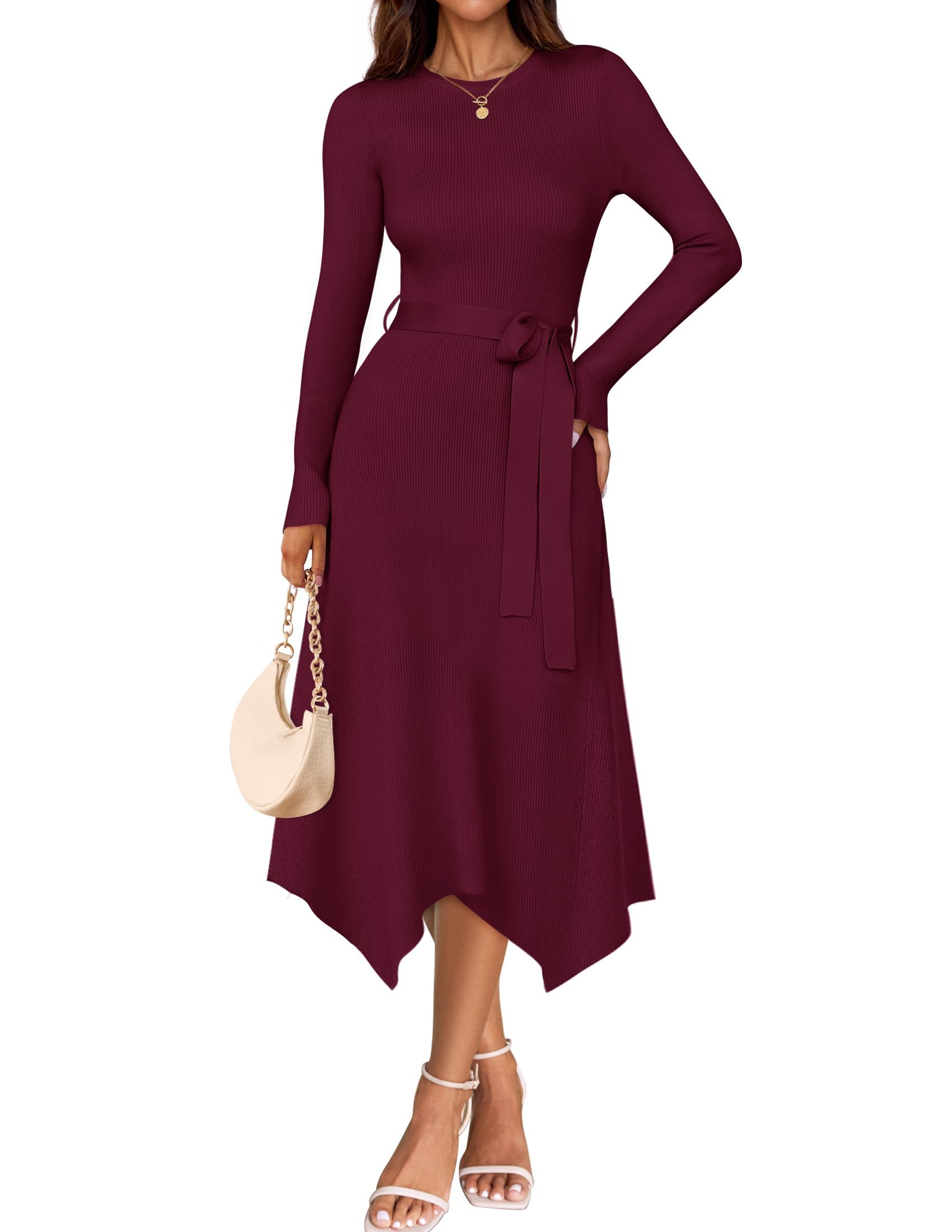 ZESICA Long Sleeve Sweater Dresses for Women 2025 Fall Winter Crewneck Ribbed Knit High Waist Midi Dress with Belt, Wine, Small