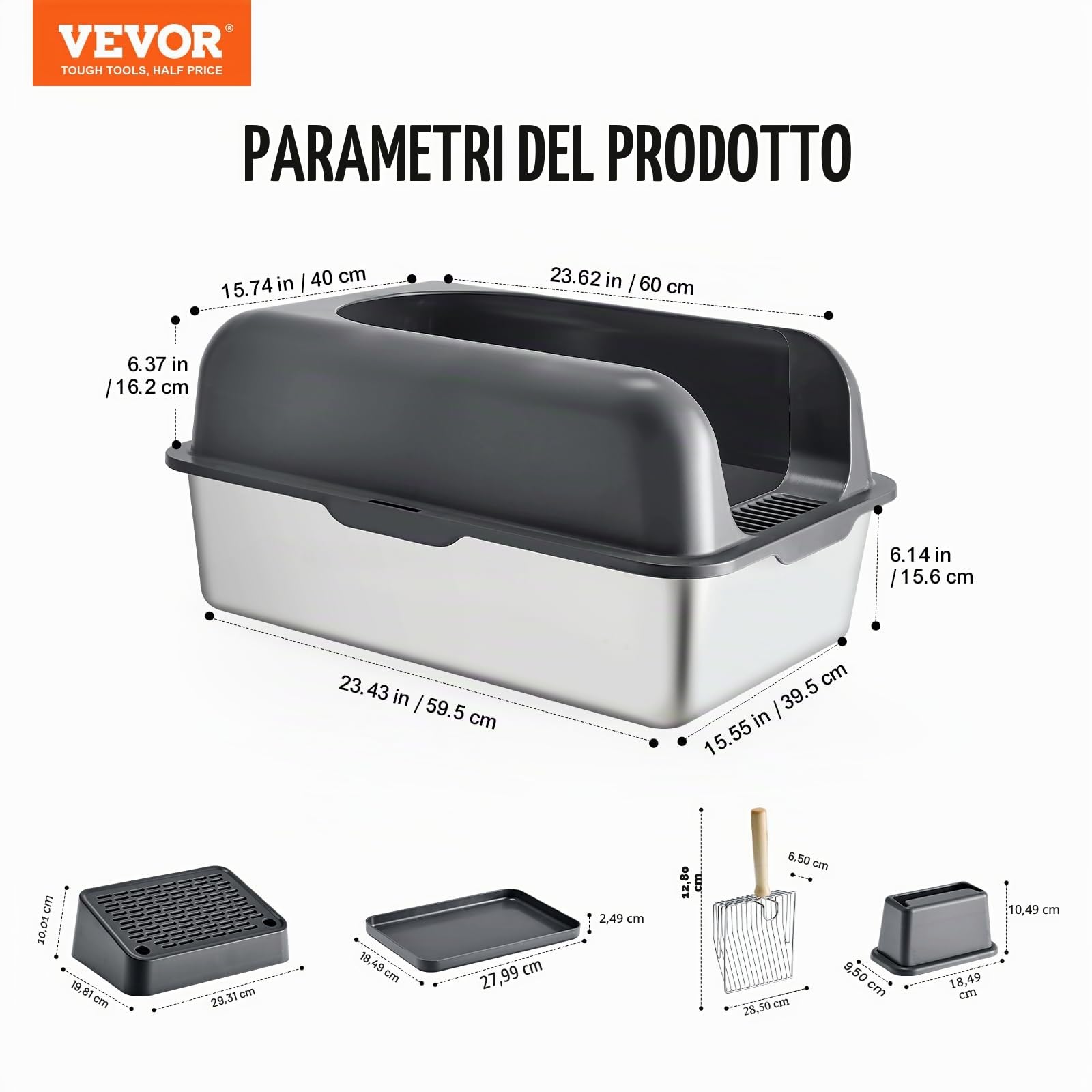 VEVOR Lettiera XL in Acciaio Inox per Gatti con Paletta, Profondità 152,4 mm, Ampia Pedana Filtrante, Lati Alti, Inodore, Grigio Scuro