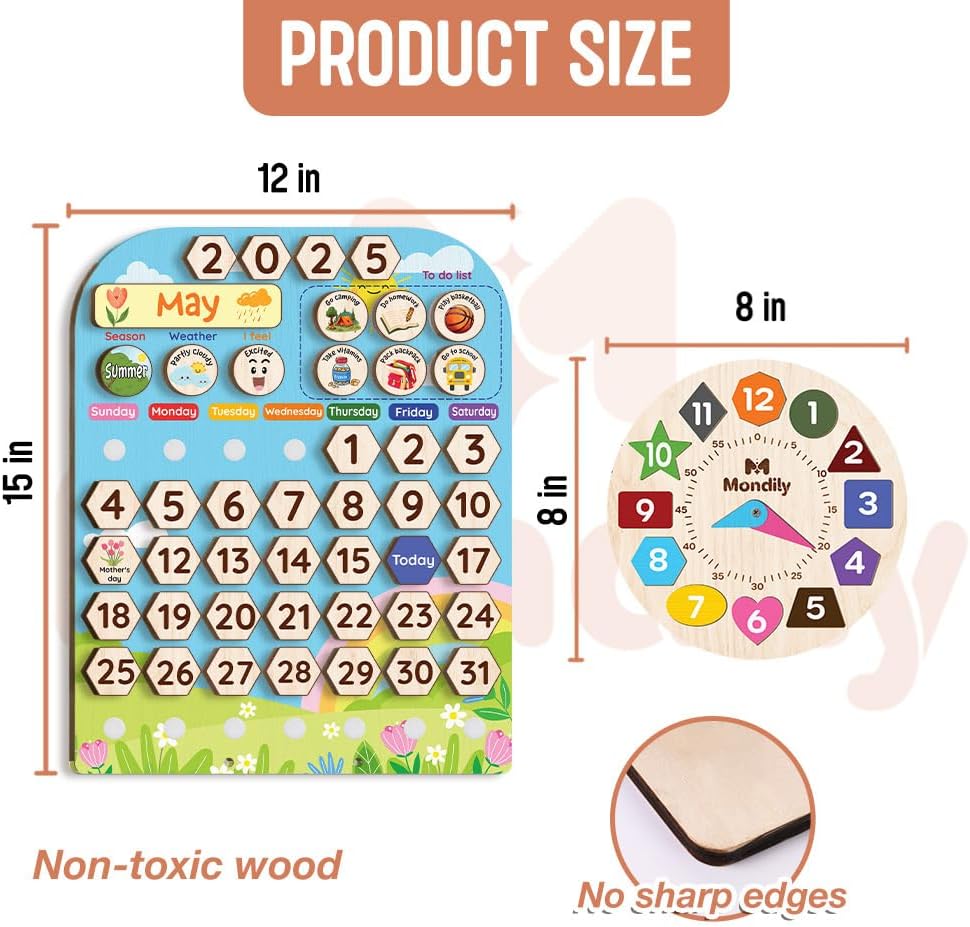 Interactive Calendar for Kids Ages 3+, Wooden Toddler Calendar, Teaching Seasons, Years, Months, Days of Week, Daily Activity Calendars for Kid Preschool & Homeschool (12 x 15 inches)