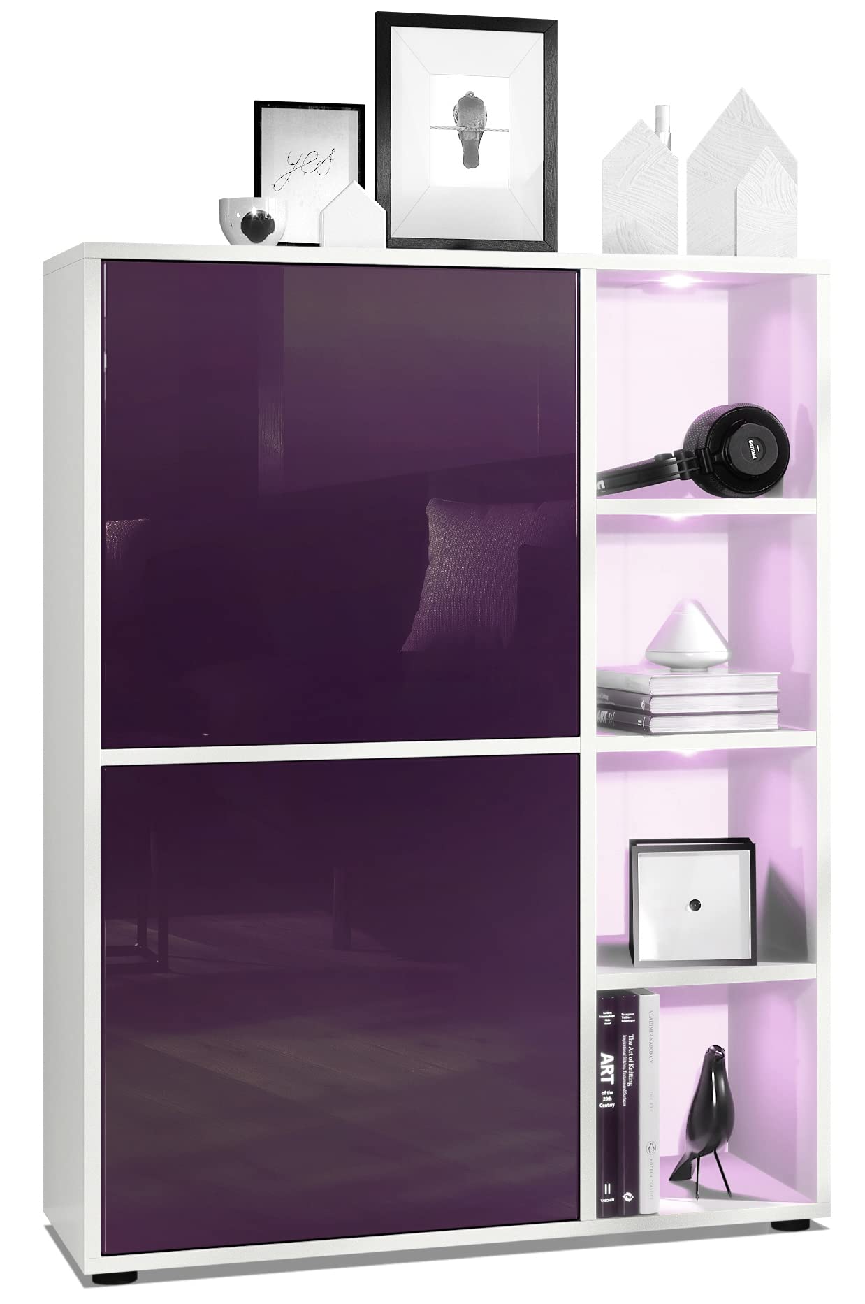 Vladon Highboard Schrank Anrichte Cuba mit 8 Fächern, Made in Germany, Korpus in Weiß matt/Fronten in Brombeer Hochglanz, mit RGB LED Beleuchtung