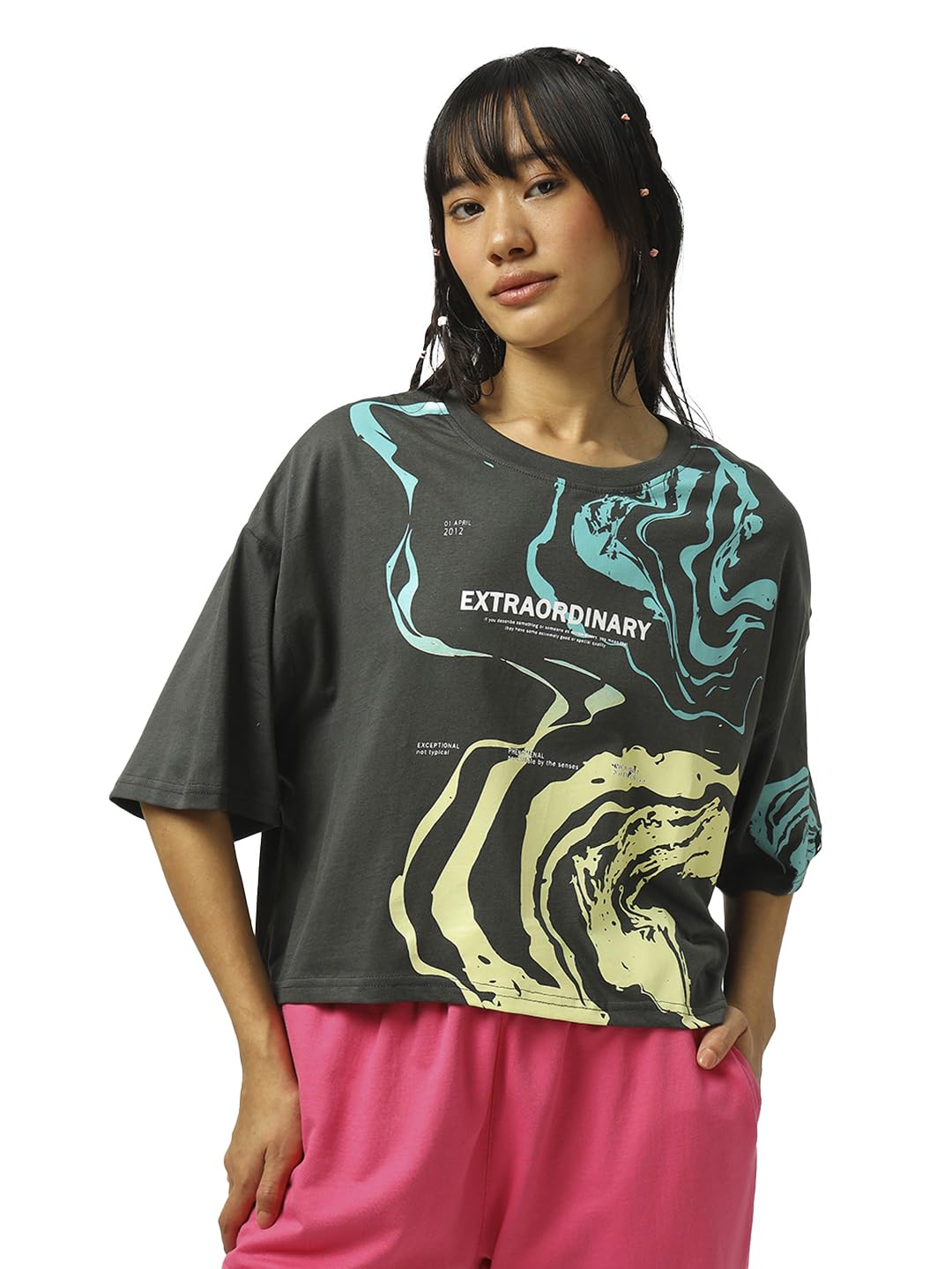Bewakoof Women's Graphic Printed Oversized Fit Half Sleeve Round Neck Cotton Short Top in multi