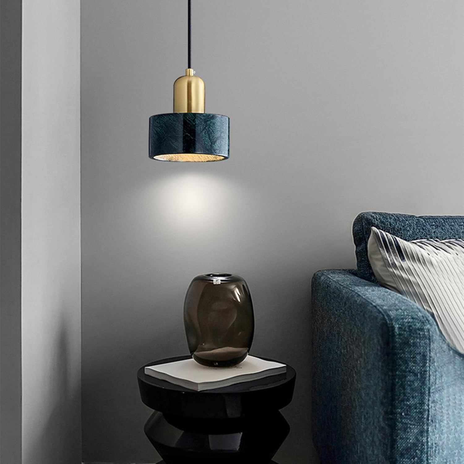 Lampadari a sospensione in marmo naturale 5,9 pollici Lampada a Lampadario Texture Paralume in pietra con base in rame spazzolato Stile spagnolo scandinavo cablato for isola cucina(Blue)