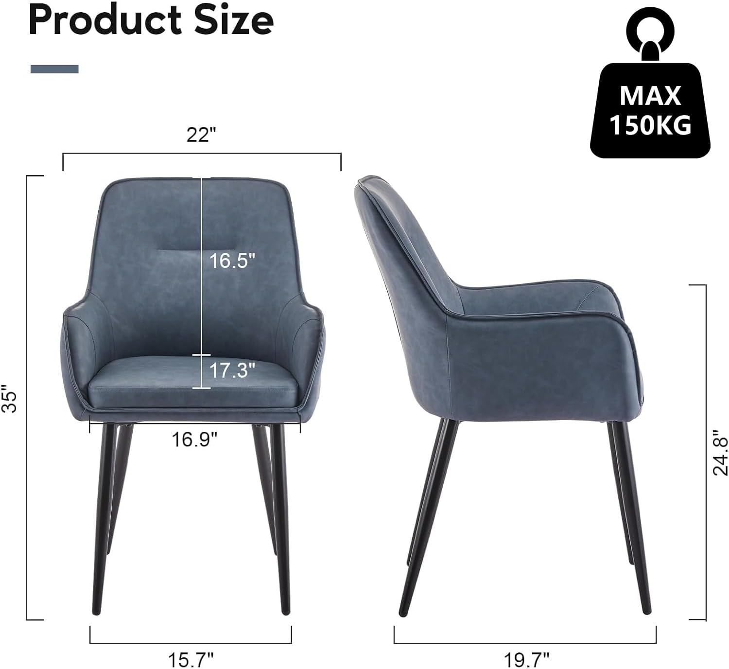 TUKAILAi Dining Chairs Set of 2, Faux Leather Dining Chairs with Arms, Upholstered Mid-Century Kitchen & Dining Room Chairs with Metal Legs, Modern Reception Chair for Living Meeting Room - Blue