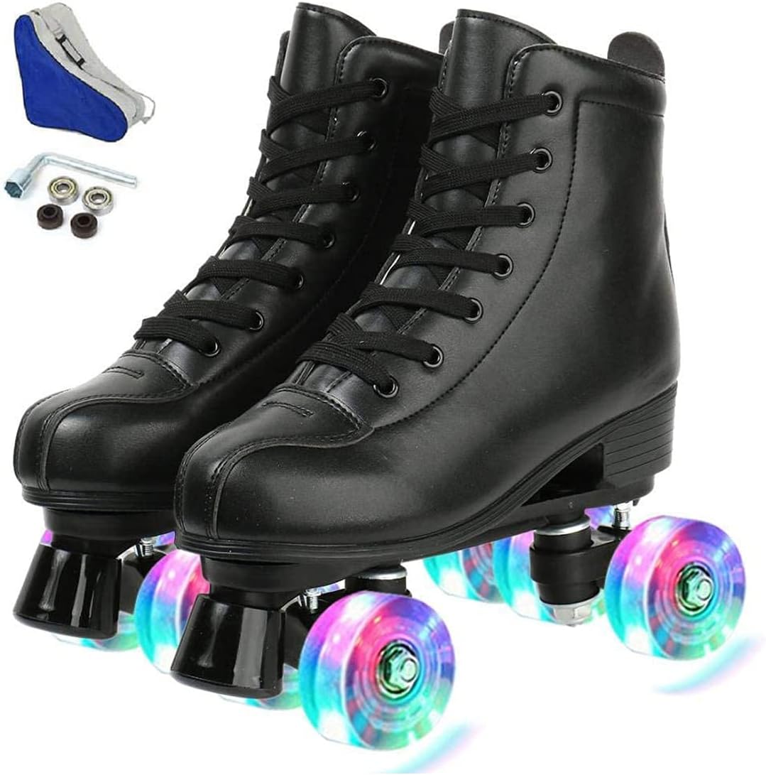 XUDREZ Double-Row Roller Skates for Unisex - PU Leather High-Top Four-Wheel Shiny Skates