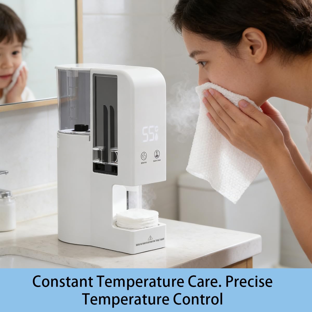 Dispenser per asciugamani caldi, riscaldamento rapido in 5 secondi, temperatura costante di 55 °C, avvisi vocali intelligenti, ideale per spa domestica, cura della pelle e pulizia quotidiana
