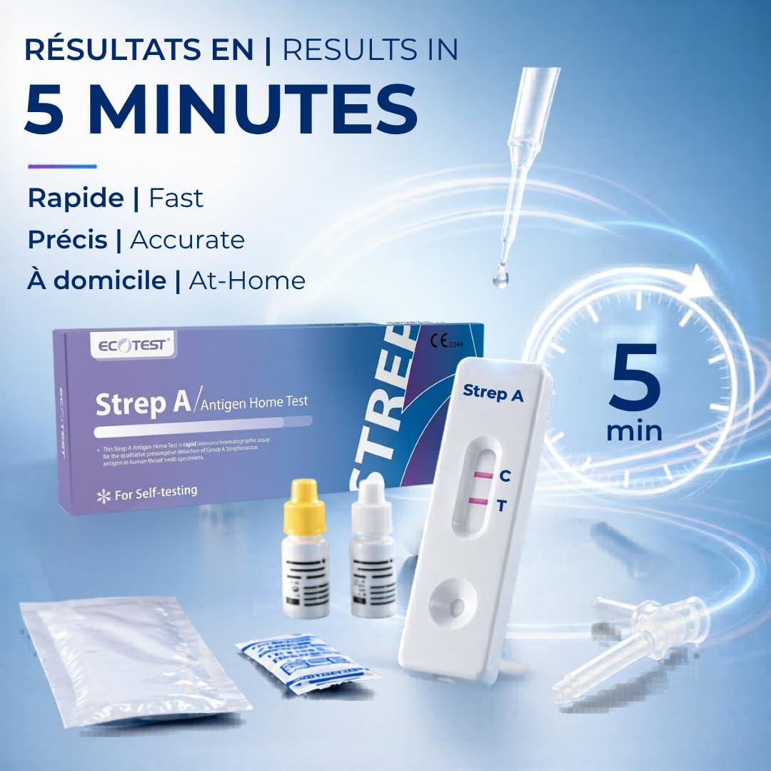 Strep A Antigen Home Test – Autotest Rapide pour Détection du Streptocoque A – Résultats Fiables en 5 Minutes – Haute Précision 97,5% – Certifié CE 0344 – Kit Facile à Utiliser à Domicile