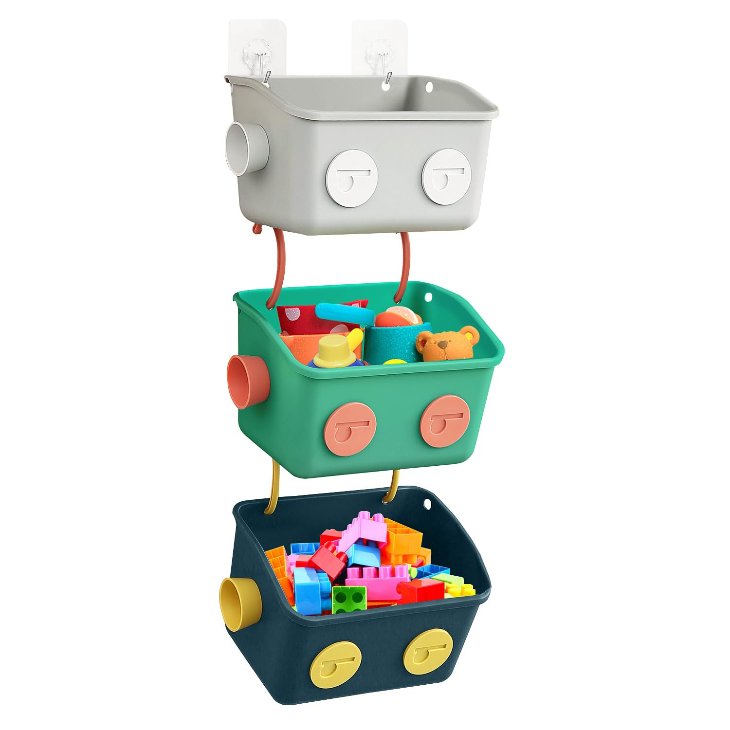 Karceyworth Bath Toy Storage Organizer Basket, 3 Pack Cute Robot Bathtub Shower Toy Organizer, Wall Mounted Hanging Bath Toy Holder with Hooks, for Tub Laundry