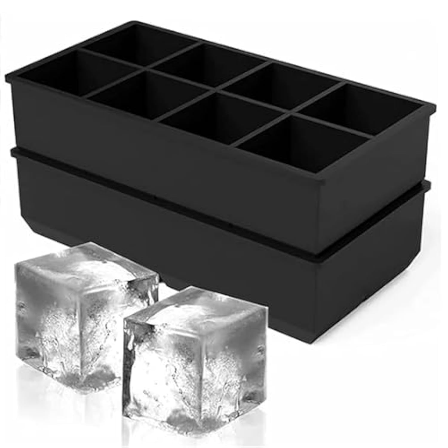 Flexible 8 Cavity Silicone Ice Molds, Large Slow Melting Ice Trays for Cocktails & Juices, BPA Free - Black, Pack of 2 (Cubes)