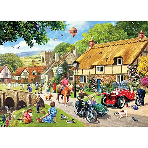 Bits and Pieces - 1000 Piece Jigsaw Puzzle for Adults 20" x 27" - A Busy Day in The Village - 1000 pc Country Town Castle Hot Air Balloon Car Road Jigsaw by Artist Kevin Walsh