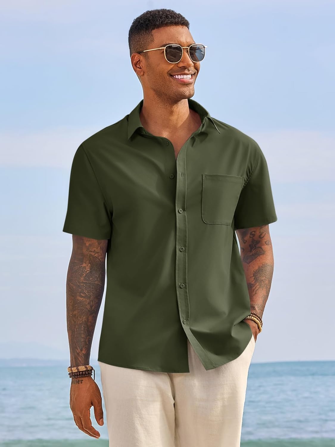 Runcati Mens Button Down Shirts Short Sleeve Casual Dress Shirt Summer Untucked Shirts with Pocket - Image 2