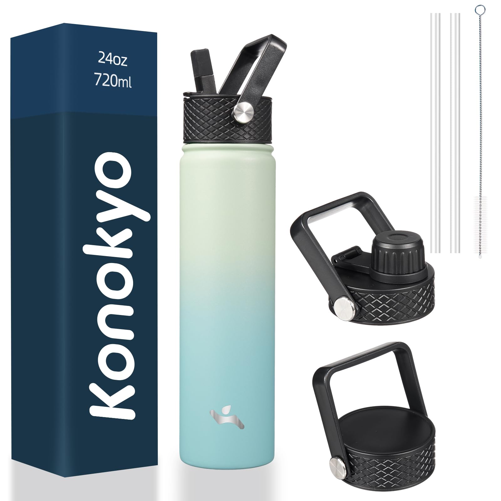 Konokyo Insulated Water Bottle 24oz Stainless Steel Sport Bottles with 3 Lids,Mint