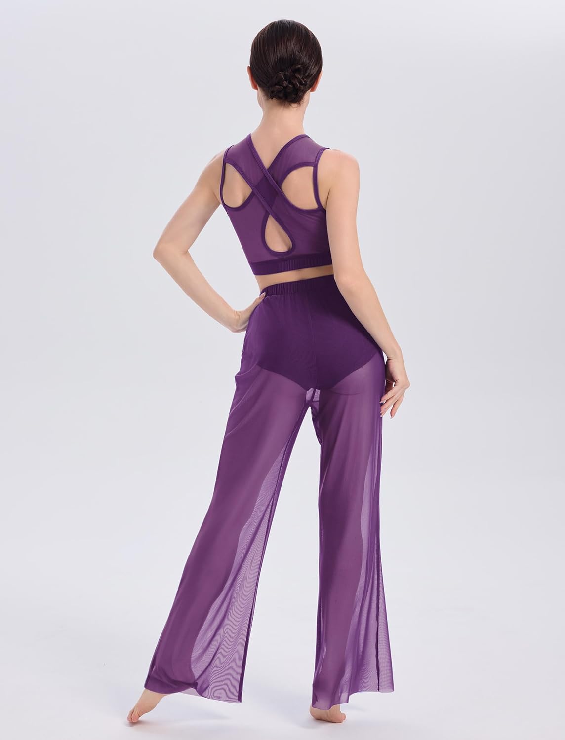 AFAVOM Lyrical Dance Dress for Women Sleeveless Workout Mesh Crop Top with Mesh Sheer Pants 2PCS Contemporary Dance Costumes
