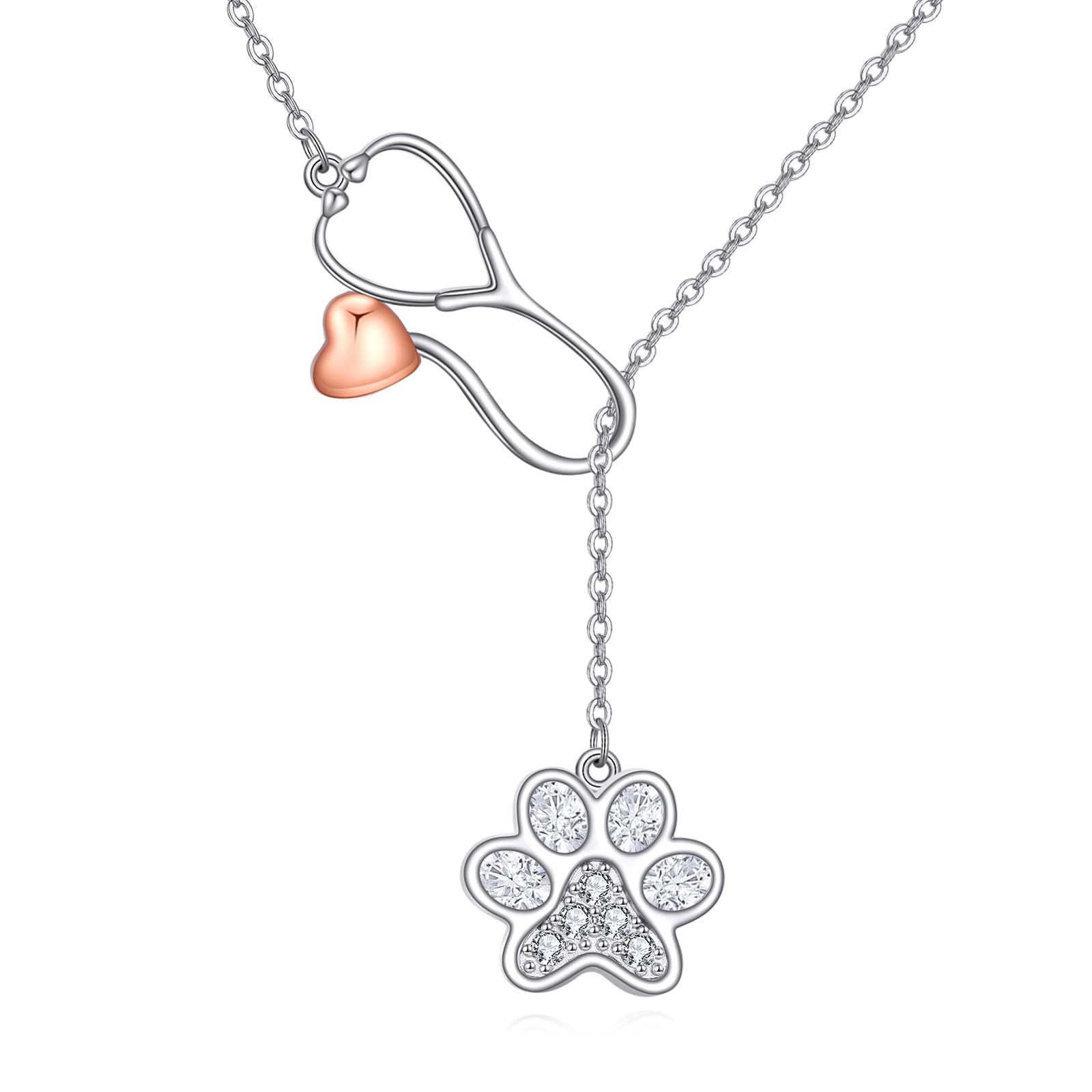 Collar veterinario de plata de ley con estetoscopio de pata lariat para veterinarios, regalo para mujer, Plata esterlina