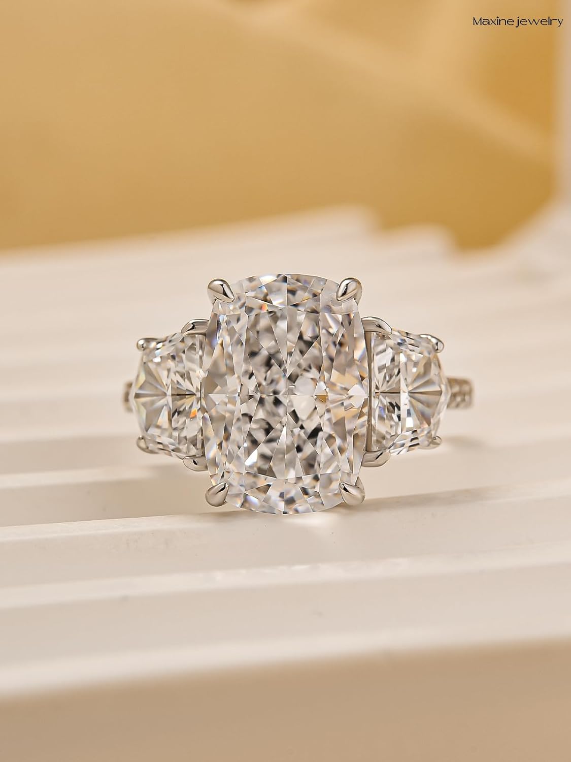 Maxinejewelry 6.0 Carats Three Stone Cushion Cut Engagement Ring for Women, 925 Sterling Silver 5A Cubic Zirconia Ring with 18K White Gold Plated