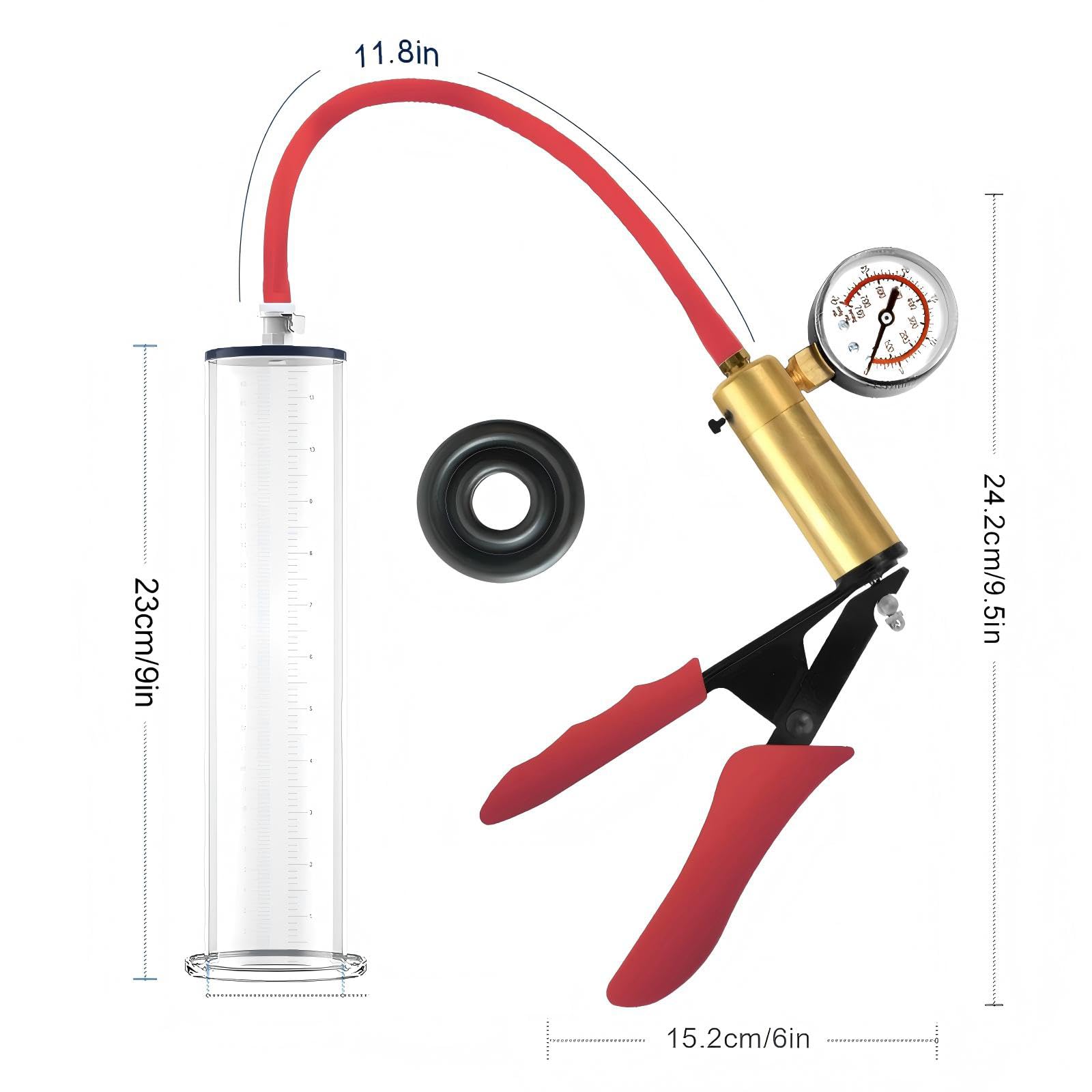 Penispumpe Sexspielzeug Manuelle Penies Pump mit 6 Penisringen Penis Extender mit Manometer und Skala Vakuumpumpe für den Mann mit Metallgriff Penis Pumpe für Pension Vergrößerung (6.35cm)