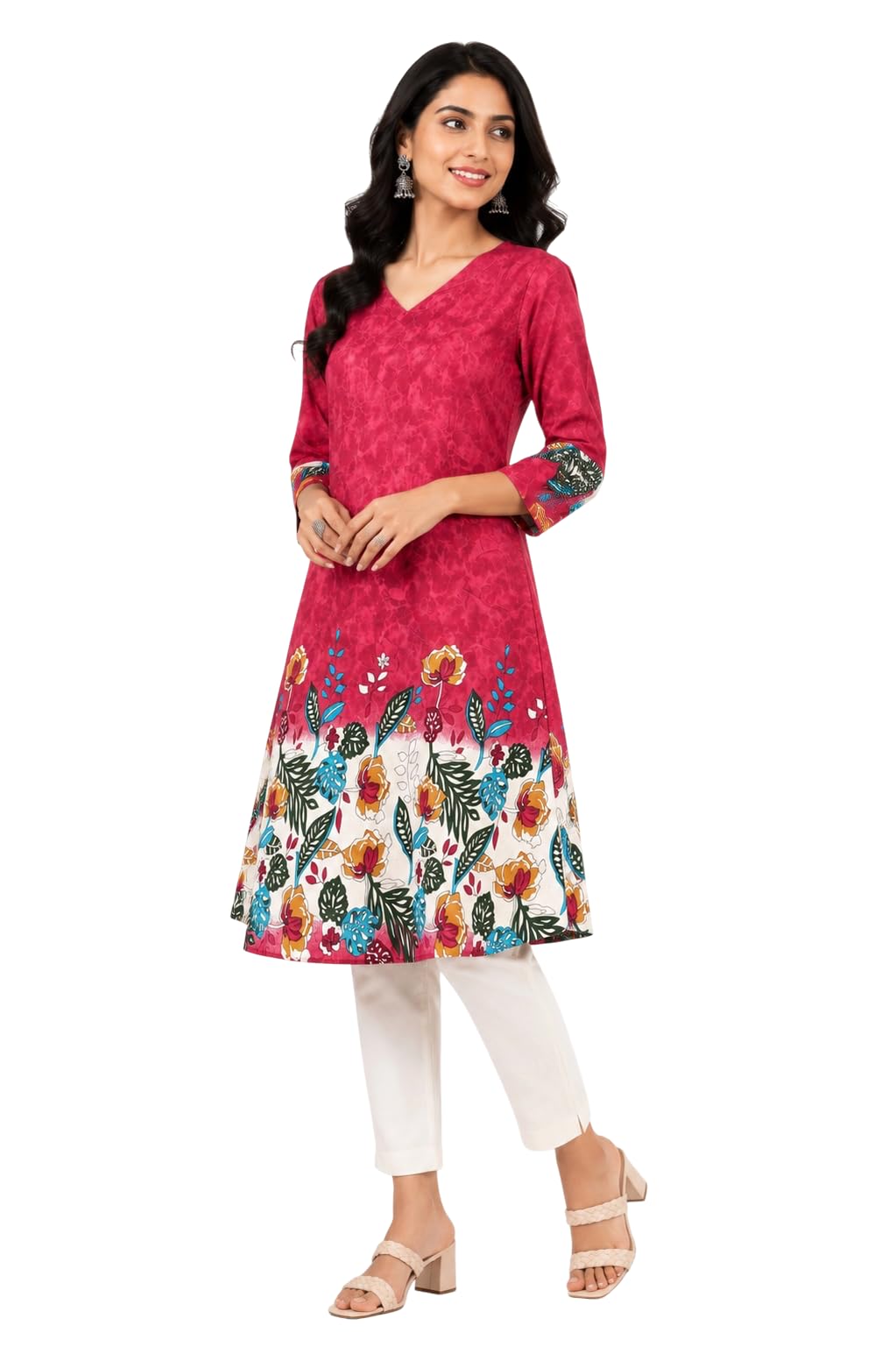 Women's Printed A-Line Kurti | Magic Cotton Fabric | V Neck | 3/4 Sleeves | Knee Length Kurta for Women | Casual Ethnic Wear-image-35