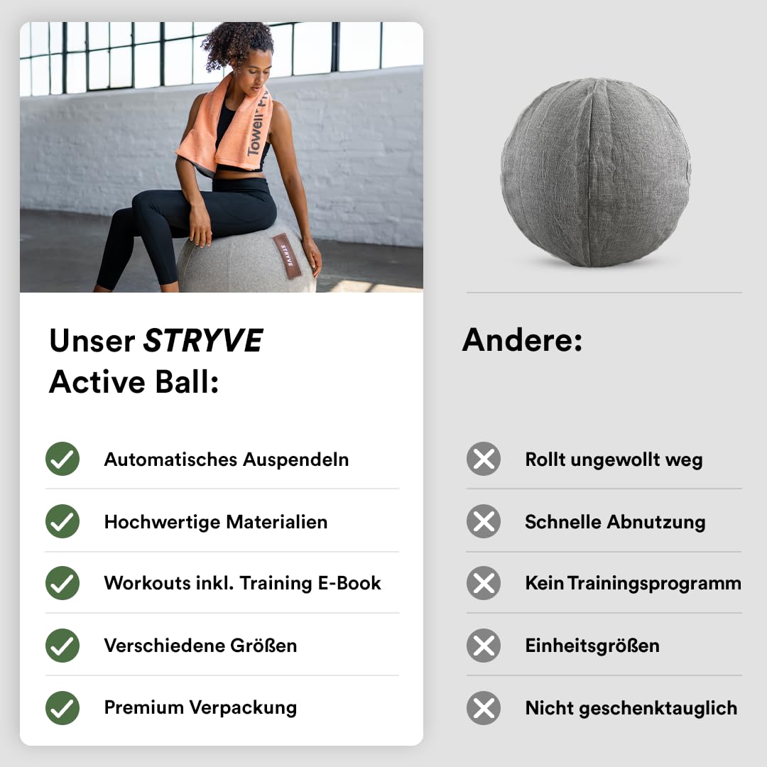 STRYVE Sitzball Büro 65,70cm - 100% Merinowolle - Ergonomischer Gymnastikball mit waschbarem Bezug und Wegrollschutz, inkl. Luftpumpe - Bis 150kg - Als Bürostuhl, Hocker (Wollfilz Light Grey, 65cm)