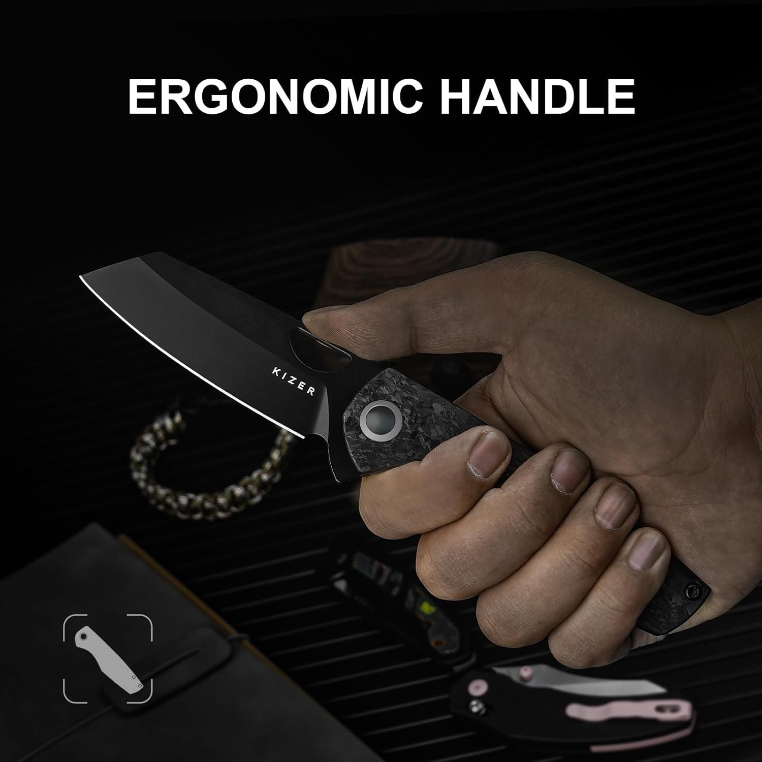 Kizer Sparrow Pocket Knife, 3.25" S45VN Sheepsfoot Blade with Black Marble Carbon Fiber Titanium Handle, Thumb Hole & Flipper Opener Folding Knife with 3D Non-Reversible Pocket Clip Ki3628A2