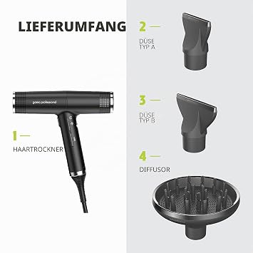 GA.MA Italy Professional iQ Perfect Hair Dryer Ultralight Hair Dryer with Intelligent Brushless Motor Oxy-Active Technology for Shiny Frizz-free Hair 1600W Power Black