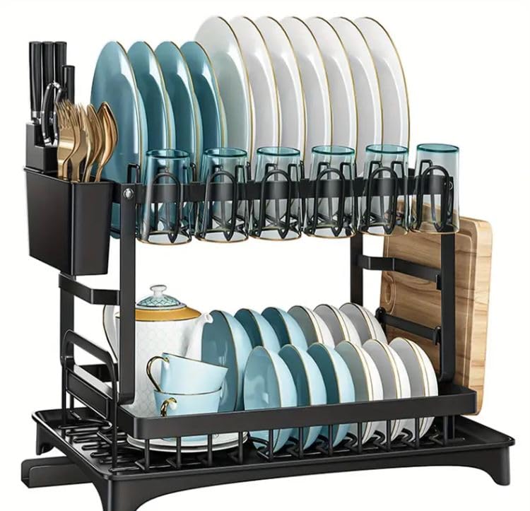 Sisliya Dish Drying Rack, 2 Tier Dish Rack, Dish Strainers for Kitchen Counter, Dish Drainer, Dish Rack with Drainboard, Large Dish Drying Rack, Collapsible Dish Rack and Drainboard Set (304 Rack)