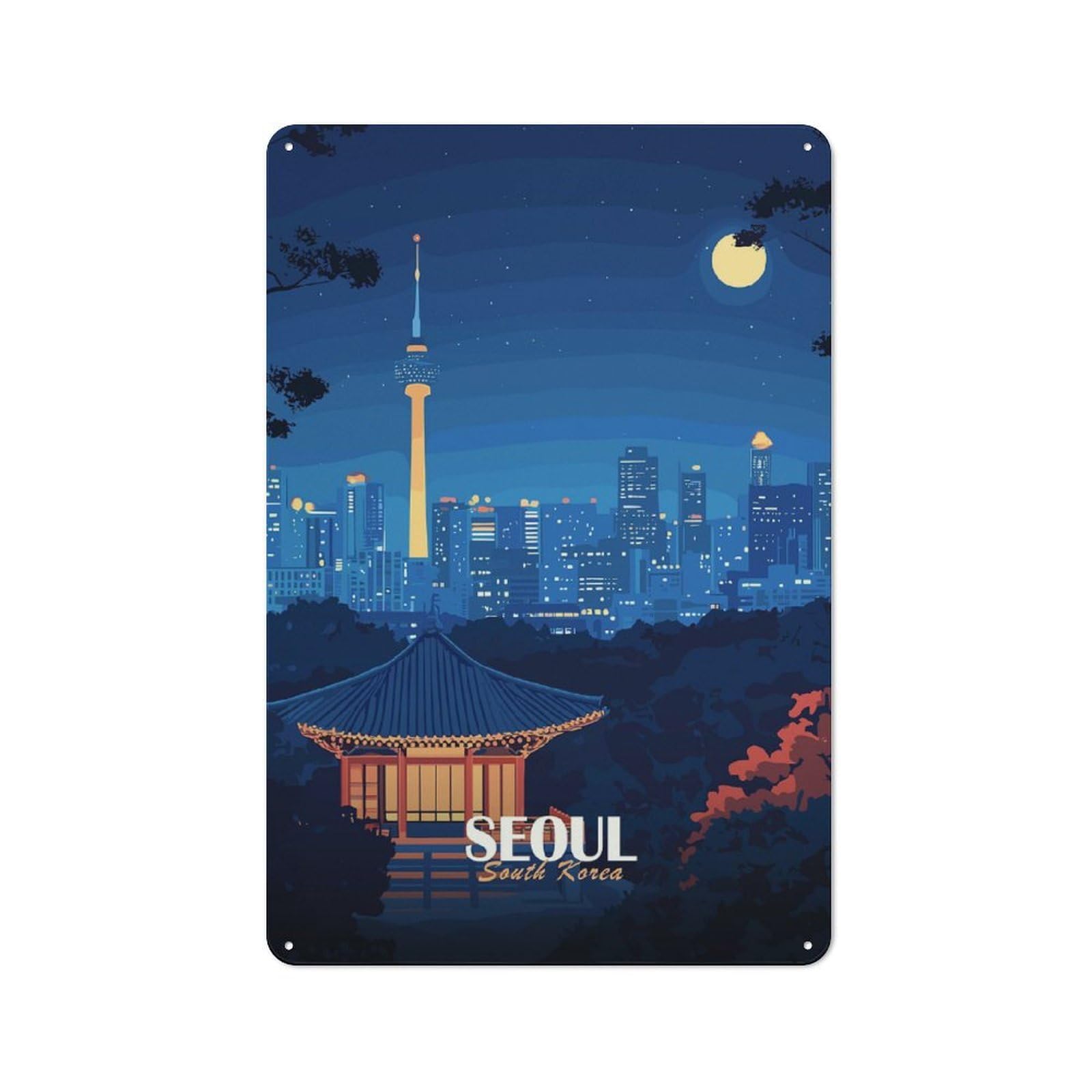 Seoul Cityscape at Night Tin Sign 30x20cm, Modern Vintage Creative Space Decor for Hobby Room, Office, Lounge Or Living Room