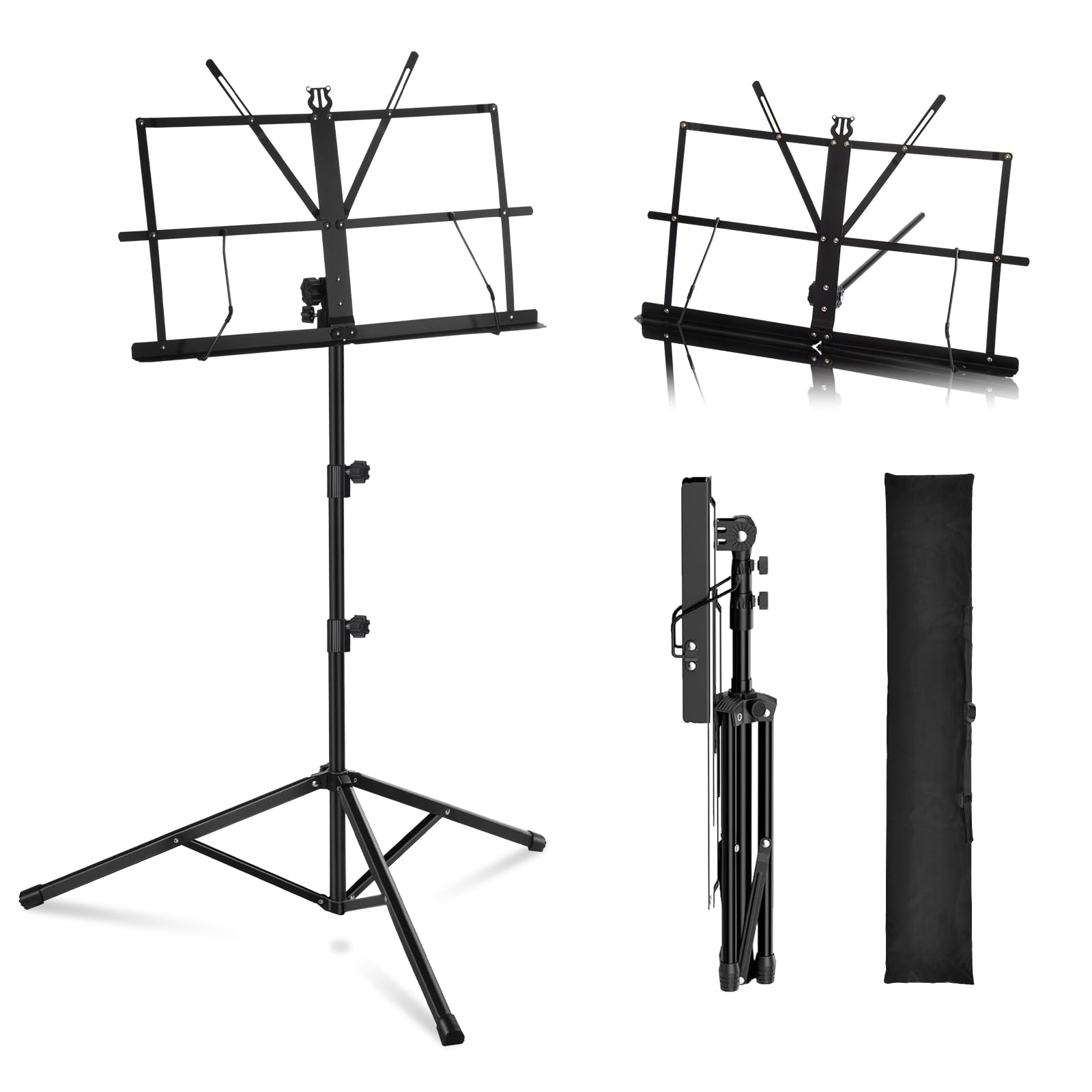 MOSEN Folding Music Stand 2-in-1 Dual-Use & Desktop Book Stand Lightweight Adjustable Metal Sheet Music Stand, Portable Desktop Stand with Carrying Bag, 1 Pack, Black