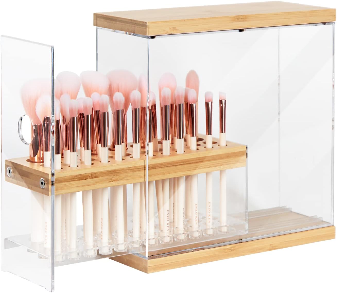 JACKCUBE DESIGN Bamboo Makeup Brush Holder Organizer With Transparent Drawer - 29 Holes Beauty Cosmetic Display Stand (8.77 x 3.38 x 8.46 Inches) - MK228C