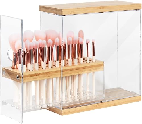 JACKCUBE DESIGN Transparent 29 Holes Bamboo Makeup Brush Holder Organizer Beauty Cosmetic Display Stand with Transparent Drawer (Transparent, 8.77 x 3.38 x 8.46inches) – :MK228C