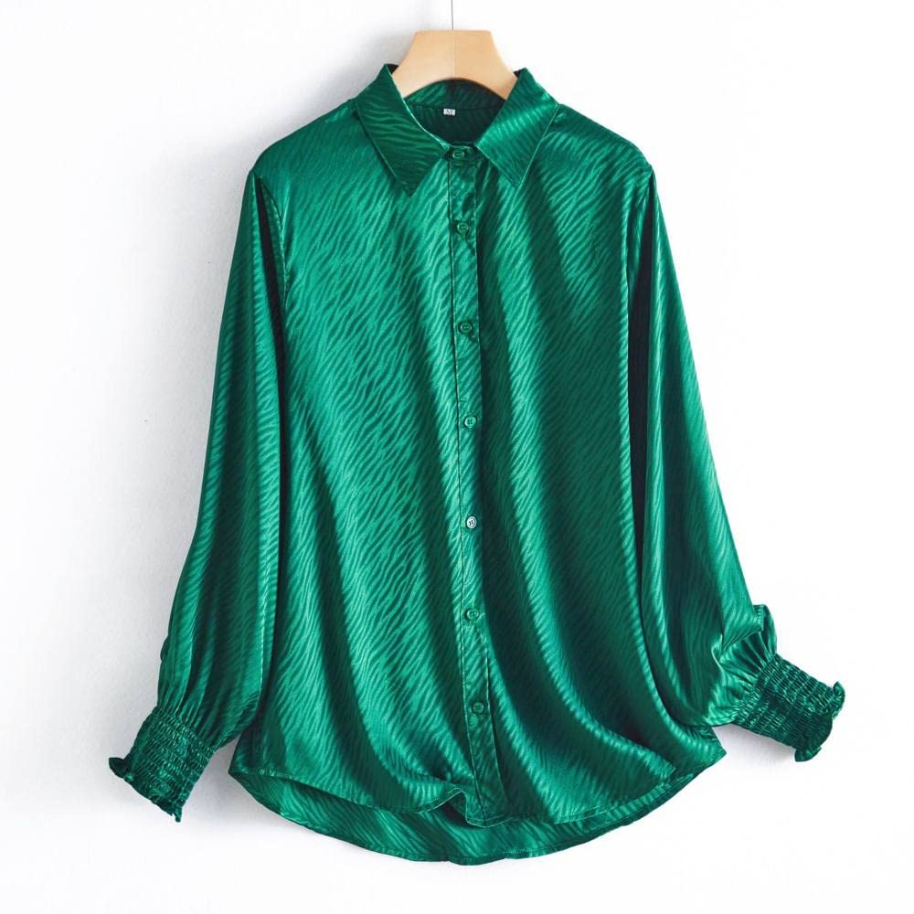 Overhemd Met Knopen,Dames Satijnen Blouse Shirt Groen Lange Mouw Vintage Mode Zijden Shirts Business Shirt Met Knoop Sexy Party Tops Casual Werk Office Blouse Voor Meisjes Dames,S